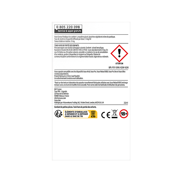 L'étiquette blanche de VUSE Recharge Gamme Intense Saveur Pastèque Ice comporte des avertissements de sécurité en noir et rouge, un symbole de danger, des icônes de recyclage et de 18 ans et plus. Un numéro d'assistance gratuit figure en haut de l'étiquette, ainsi que des informations sur l'emballage.