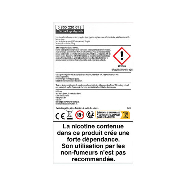 L'étiquette d'avertissement de VUSE Recharge Gamme Intense Saveur Fraise Sauvage indique en français que la nicotine crée une forte dépendance et que les non-fumeurs ne doivent pas l'utiliser. L'étiquette comporte des icônes de sécurité, des avertissements de danger et un numéro de téléphone.