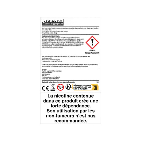 L'étiquette d'avertissement d'un emballage de capsules de nicotine VUSE Recharge Gamme Intense Saveur Fusion Fruits des Bois comporte des symboles de danger, des informations de sécurité et une mention en gras indiquant que le produit crée une forte dépendance et n'est pas destiné aux non-fumeurs.