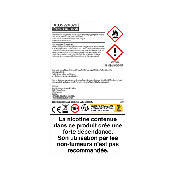 Une étiquette d'avertissement française comportant des symboles d'inflammabilité, de toxicité et de danger pour la santé figure sur le paquet VUSE Recharge Gamme Intense Saveur Fruits Rouges Intense. Elle avertit que la nicotine crée une forte dépendance, qu'elle n'est pas destinée aux non-fumeurs, et comporte des icônes d'âge et de sécurité.