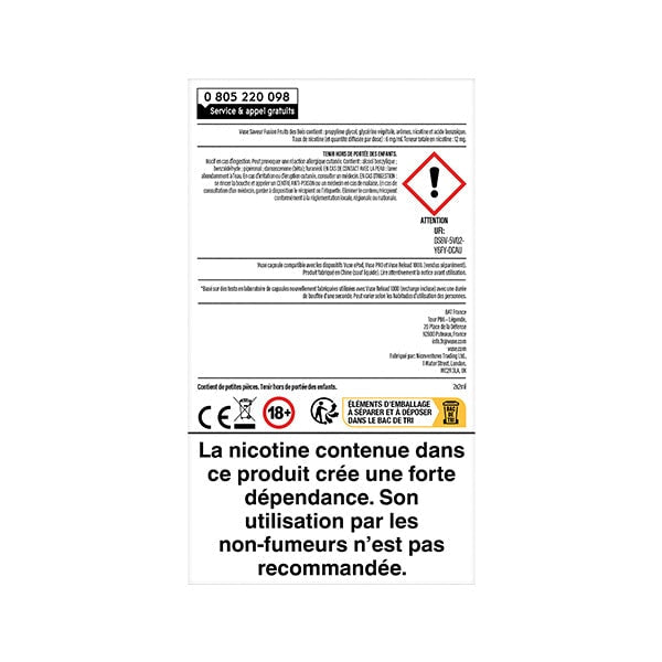 Avertissement en français sur un paquet VUSE Recharge Gamme Intense Saveur Fusion Fruits des Bois : Symbole de danger-la nicotine contenue crée une forte dépendance. Usage non recommandé pour les non-fumeurs.