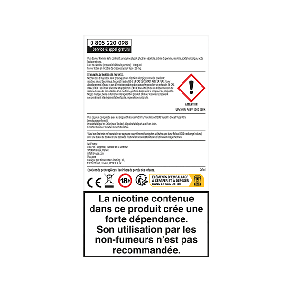 Étiquette d'avertissement sur la nicotine en français avec symbole de danger et informations de sécurité. Un texte en gros caractères en bas de page avertit que la nicotine contenue dans VUSE Recharge Gamme Intense Saveur Pomme Verte crée une forte dépendance et n'est pas recommandée pour les non-fumeurs.