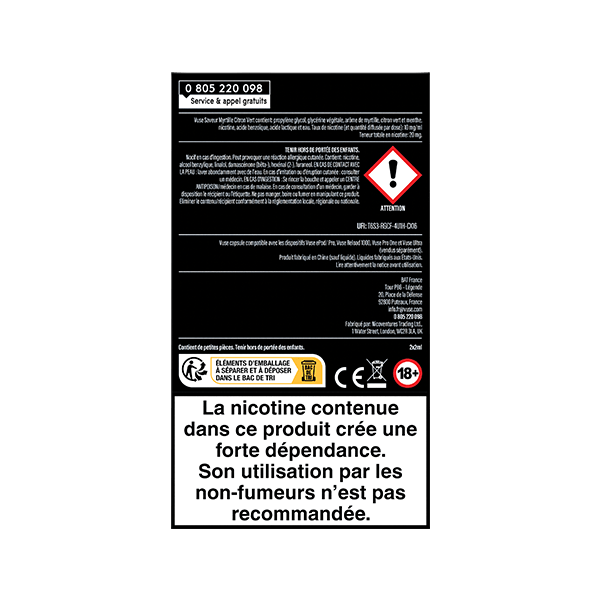 Étiquette d'avertissement en noir et blanc pour Vuse Ultra Saveur Myrtille Citron Vert de VUSE, comportant des icônes de danger. Indique que le produit contient de la nicotine, qu'il crée une forte dépendance et qu'il n'est pas destiné aux non-fumeurs. Inclut un numéro d'assistance téléphonique et des symboles d'avertissement.