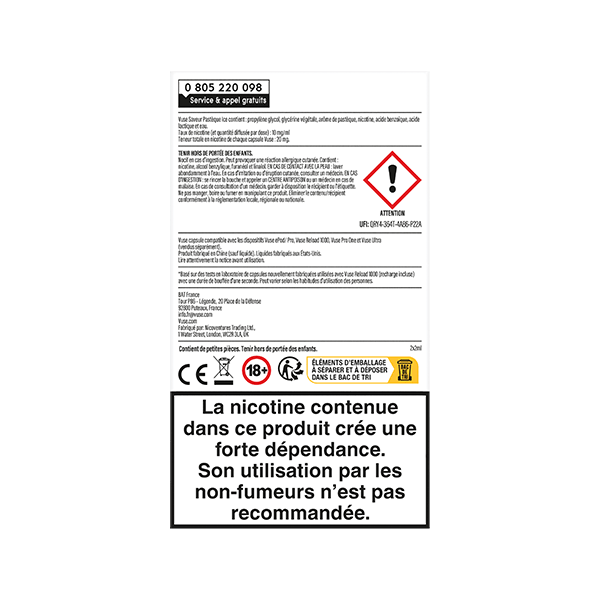 L'étiquette d'avertissement française de VUSE Recharge Gamme Intense Saveur Pastèque Ice comporte des symboles de danger, des informations de sécurité et un avertissement en gras : la nicotine crée une forte dépendance ; l'utilisation par des non-fumeurs n'est pas recommandée.