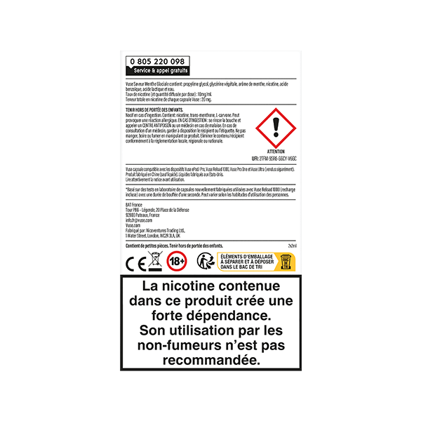Une étiquette française d'avertissement sur la nicotine avec des symboles de sécurité et du texte apparaît sur un paquet de VUSE Recharge Gamme Classique Saveur Menthe Glaciale. La partie inférieure indique que la nicotine crée une forte dépendance et qu'elle est déconseillée aux non-fumeurs.