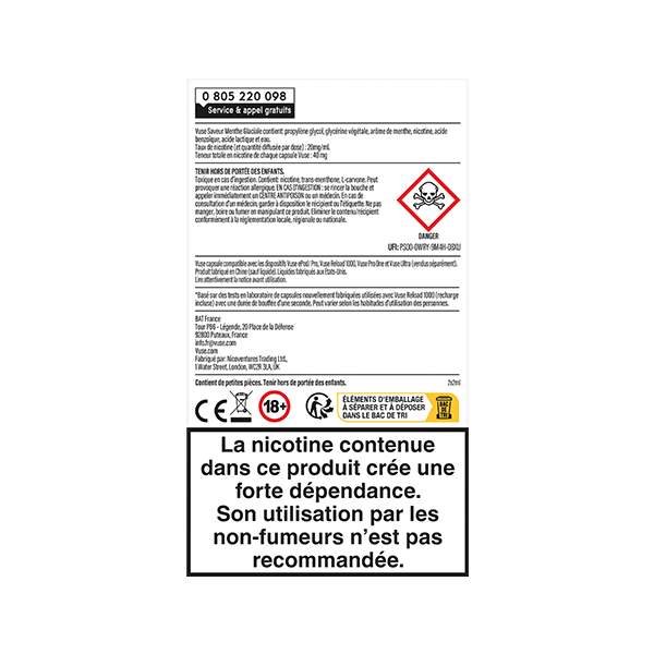 Sur la Recharge Gamme Classique Saveur Menthe Glaciale de VUSE, un pictogramme de danger, le symbole interdit aux moins de 18 ans et un avertissement sur le risque d'addiction déconseillent l'usage aux non-fumeurs.