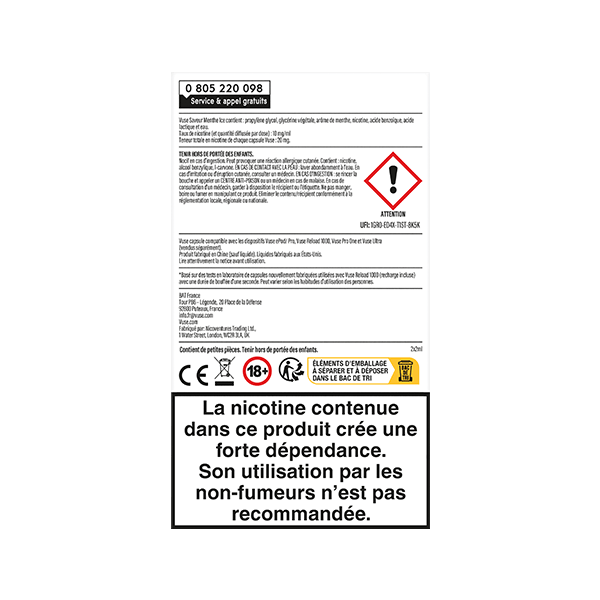 L'étiquette française de VUSE Recharge Gamme Intense Saveur Menthe Ice comporte des avertissements de sécurité, des symboles de danger et un avertissement de nicotine en caractères gras indiquant que les capsules contiennent de la nicotine qui crée une forte dépendance et qu'elles ne sont pas destinées aux non-fumeurs.