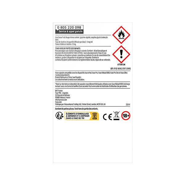 Étiquette de produit blanche avec texte noir, symboles de danger pour l'inflammabilité et le risque pour la santé, instructions de sécurité en français, numéro de téléphone, restriction d'âge 18+ et marque CE au bas de l'étiquette. Capsules VUSE Recharge Gamme Intense Saveur Fruits Rouges Intense.