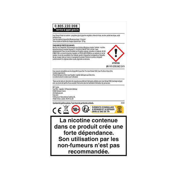 Une étiquette française d'avertissement sur la nicotine pour VUSE Recharge Gamme Intense Saveur Fraise Ice comporte du texte, des symboles de danger et un avertissement en gras : La nicotine contenue dans ce paquet crée une forte dépendance. Son utilisation par les non-fumeurs n'est pas recommandée.