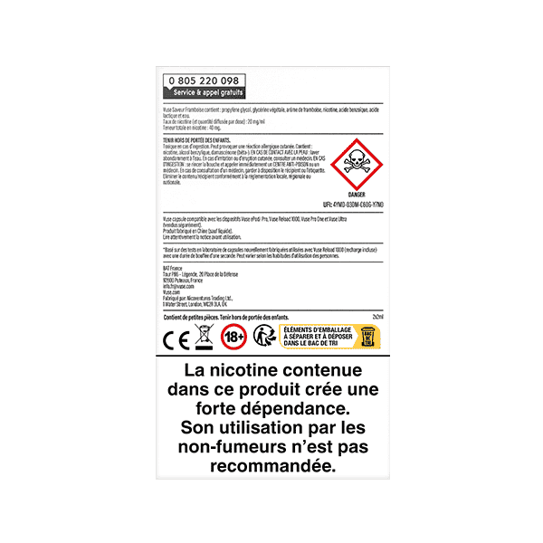L'étiquette du produit VUSE Recharge Gamme Intense Saveur Framboise comporte des symboles de danger, des icônes de restriction d'âge et des avertissements en français sur la dépendance à la nicotine et l'utilisation par les non-fumeurs. Détails fournis pour le paquet de deux capsules saveur Framboise.