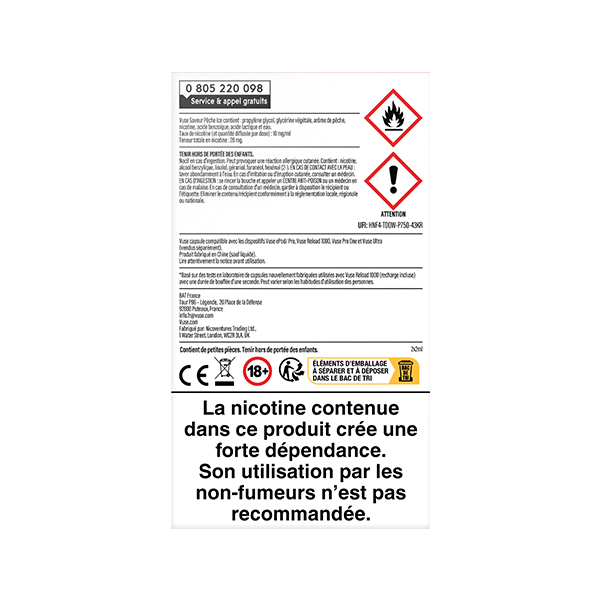 Étiquette d'avertissement en français pour les capsules VUSE Recharge Gamme Intense Saveur Pêche Ice, comportant des symboles de danger, des informations de sécurité et un avertissement en gras indiquant que la nicotine crée une forte dépendance et qu'elle est déconseillée aux non-fumeurs.