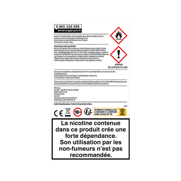 Étiquette d'avertissement pour VUSE Recharges Gamme Intense Saveur Pastèque Melon (10 mg/ml de nicotine) avec les symboles de toxicité, d'inflammabilité et de risque pour la santé. Grand texte français : la nicotine crée une forte dépendance ; non-fumeurs s'abstenir.