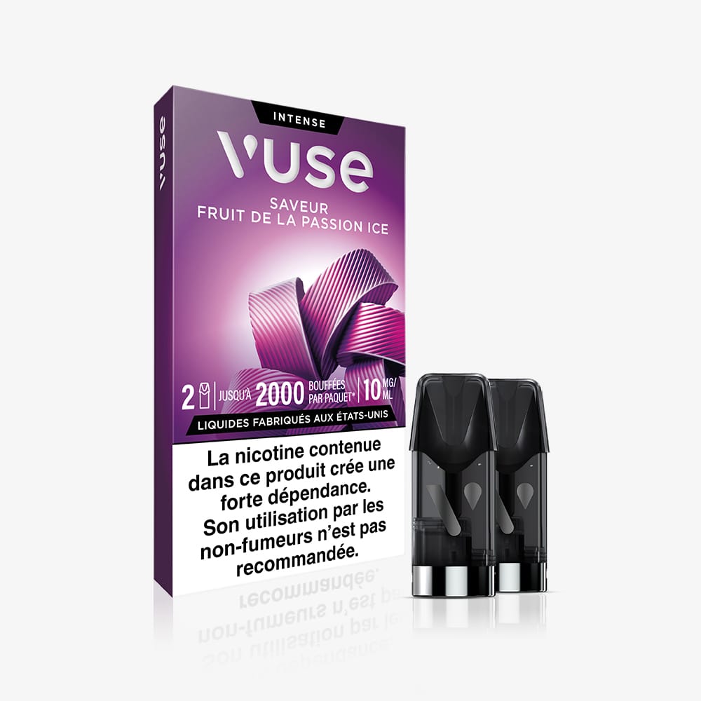 Recharge Gamme Intense Saveur Fruit de la passion Ice, paquet violet avec deux capsules à l’avant, affiche des fruits et un avertissement en français sur la dépendance à la nicotine en bas.