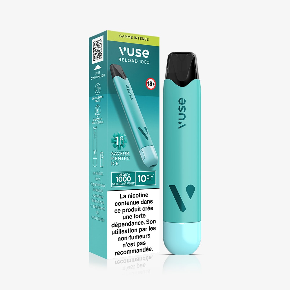 A turquoise Vuse Reload 1000 Bar Saveur Menthe Ice rechargeable vape pen stands beside its matching box, marked 10 mg/ml nicotine. French warning text appears at the bottom of the box.