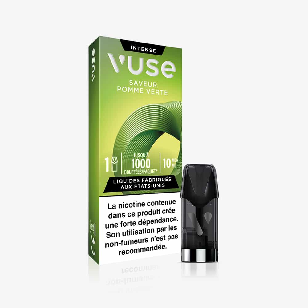 A 1 Pod Saveur Pomme Verte vape pod with green packaging displays up to 1000 puffs, 10mg/ml nicotine, and a French nicotine warning. The sleek black Pomme Verte pod is shown in front of the box.