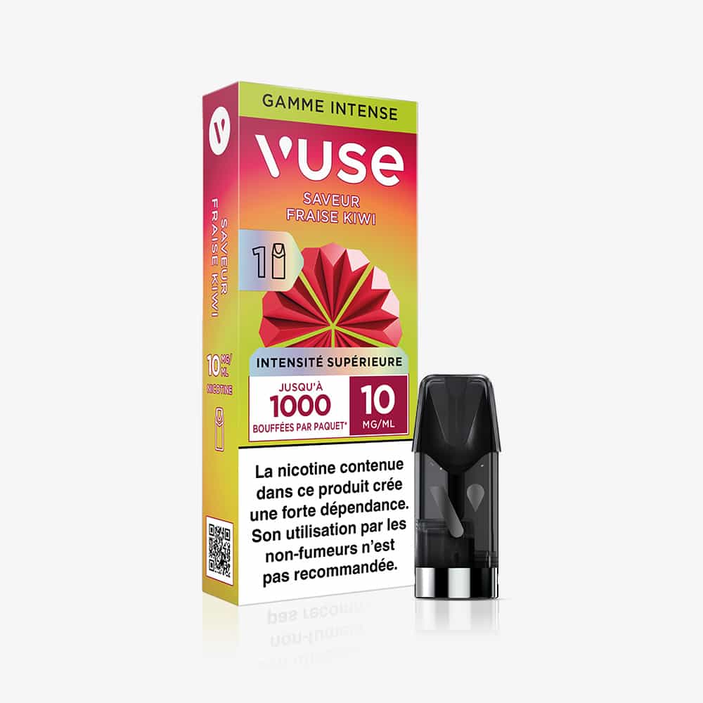 The 1 Pod Saveur Fraise Kiwi pack displays a vibrant red and green design, includes a sleek black vape pod beside it, and highlights the Strawberry Kiwi flavor with Intensité Supérieure 10 mg/ml.
