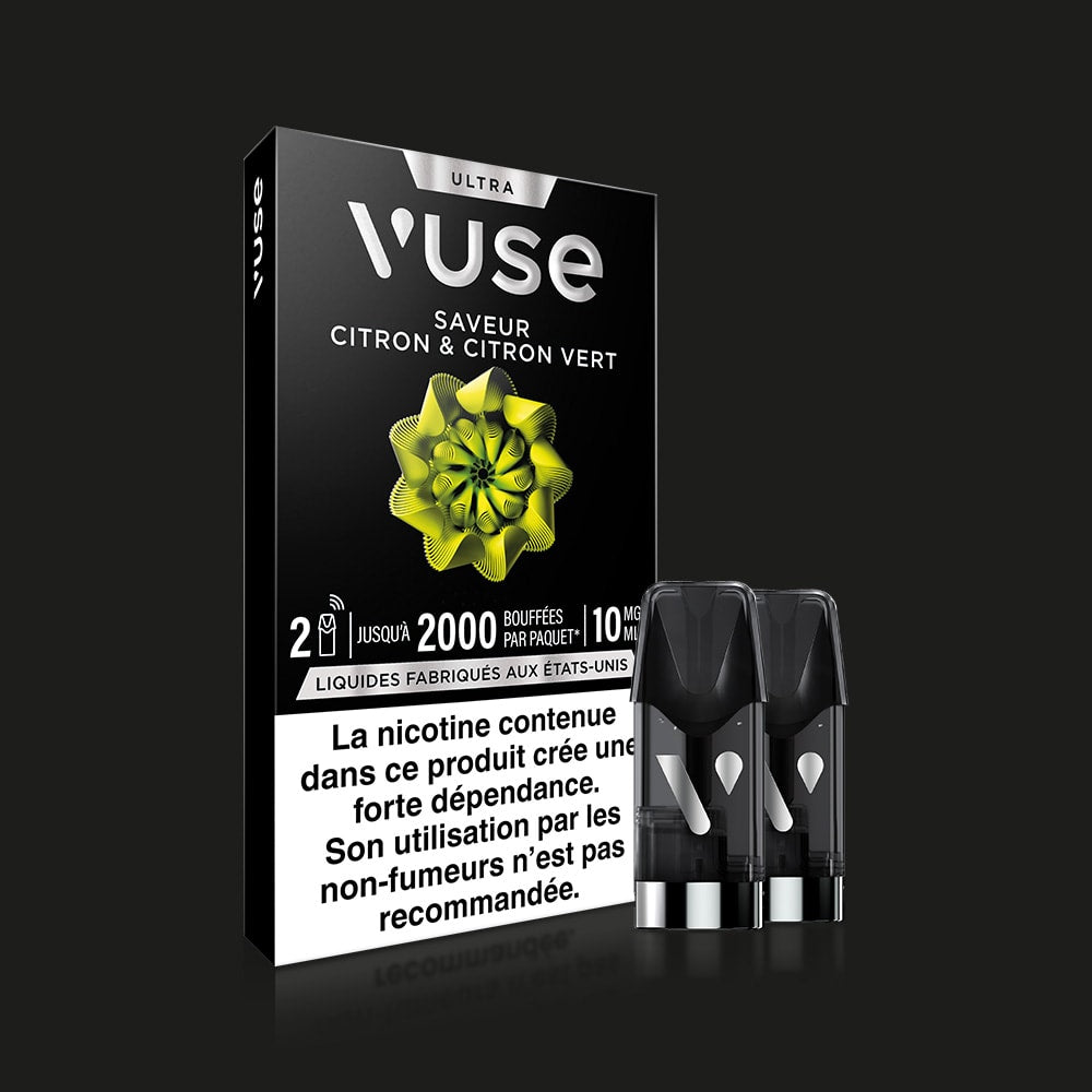 The Vuse Ultra Saveur Citron & Citron Vert vape pod pack includes two pods. Its black box shows a green citrus design, French text for the flavor, and features a nicotine warning at the bottom.
