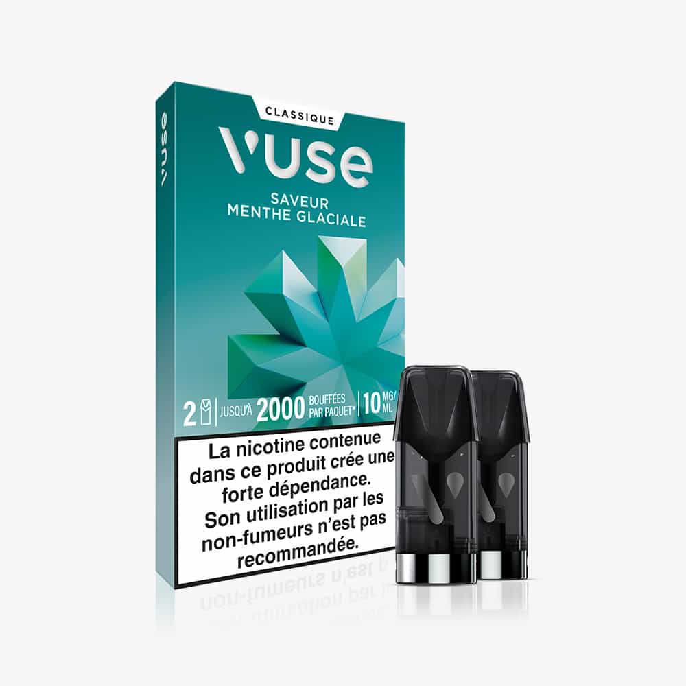 Recharge Gamme Classique Saveur Menthe Glaciale in teal packaging, shown with two black vape pods. A prominent French nicotine warning is displayed at the bottom of the box.
