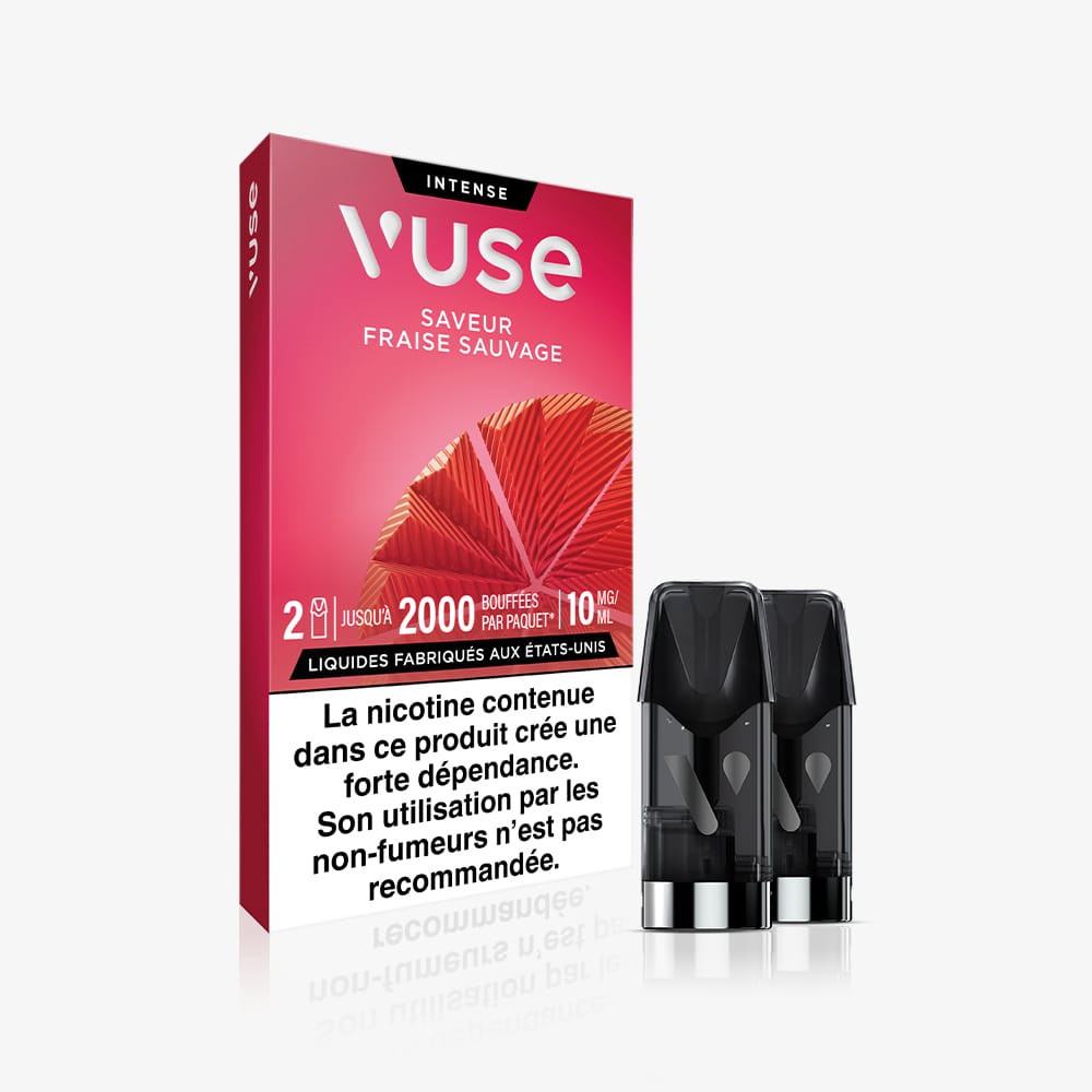 Box of Recharge Gamme Intense Saveur Fraise Sauvage with bold red and pink packaging, two vape pods in front, and a French nicotine warning at the bottom.