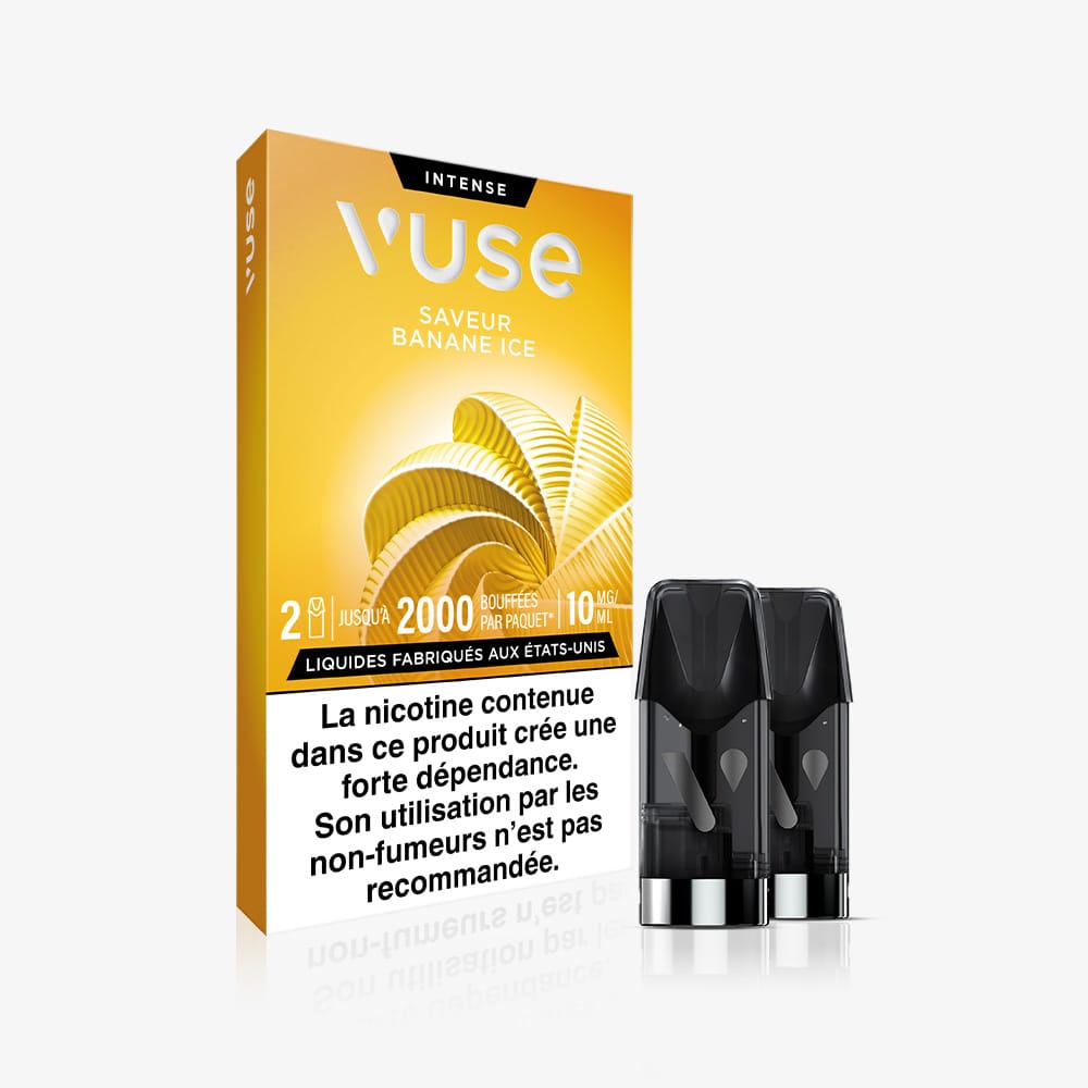 Recharge Gamme Intense Saveur Banane Ice : paquet jaune décoré d’un motif de banane, avec deux pods noirs à côté. Capsules goût banane, graphique illustratif sur l’emballage. Avertissement sanitaire en français en bas du paquet.