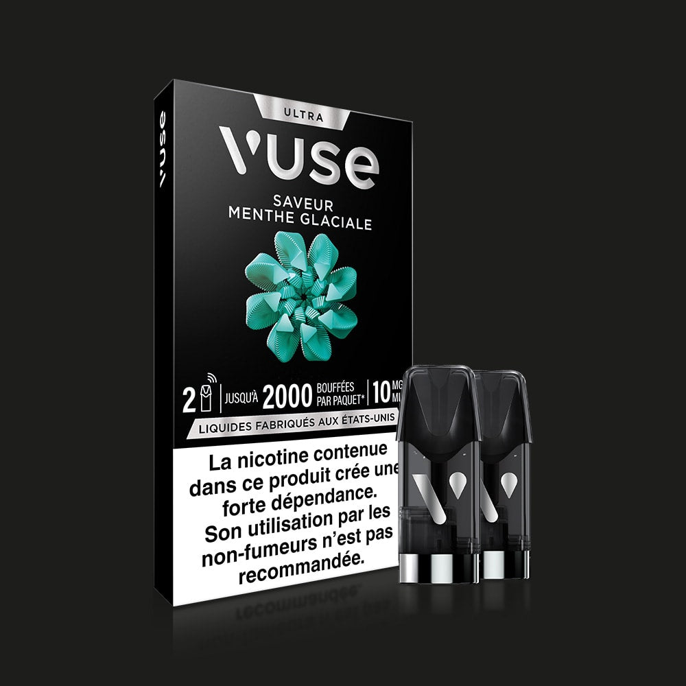 A box of Vuse Ultra Saveur Menthe Glaciale stands next to two pods, featuring French nicotine addiction warnings (10mg/ml) on its black packaging.