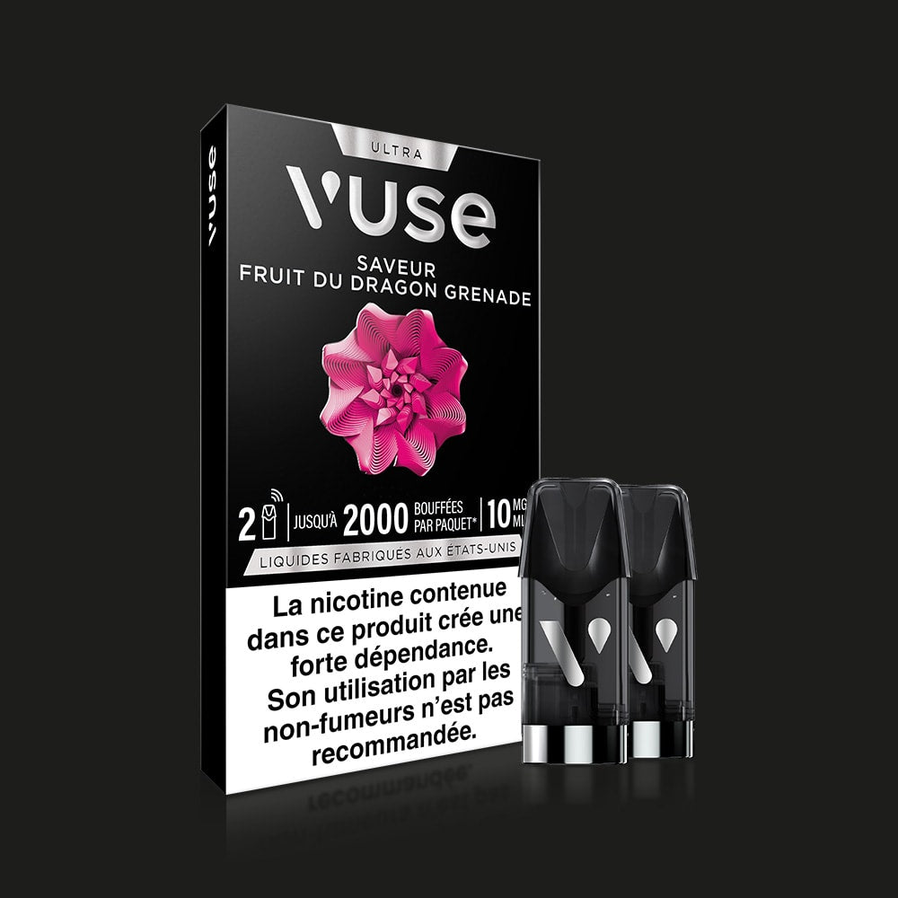 A black Vuse Ultra Saveur Fruit du Dragon Grenade pod package with a pink flower is shown beside two capsules connectée, featuring a French nicotine health warning. All items are set against a sleek black background.