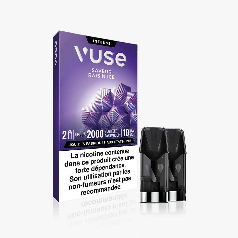 A paquet of Recharge Gamme Intense Saveur Raisin Ice with two pods in front. The purple packaging shows geometric patterns and French nicotine health warnings.