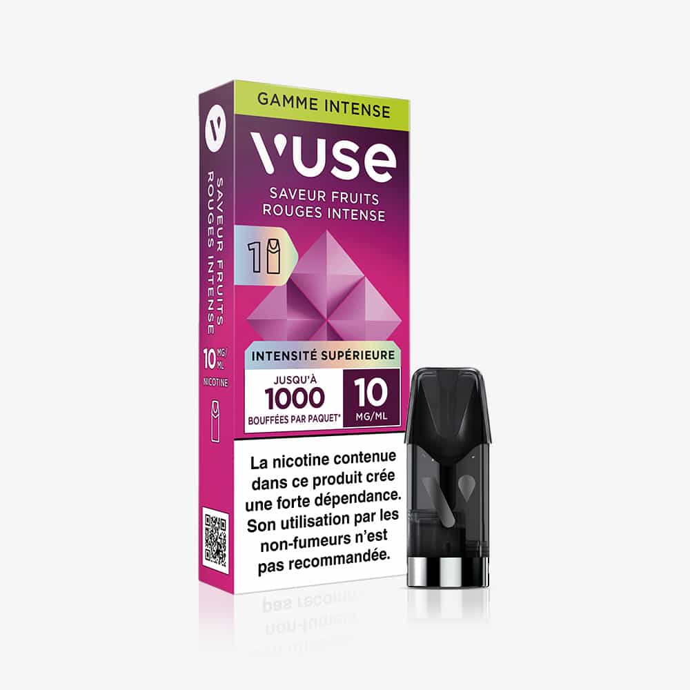 The French packaging for 1 Pod Saveur Fruits Rouges Intense (10 mg/mL nicotine) features a geometric design, health warning, and an image of the pod beside the box.