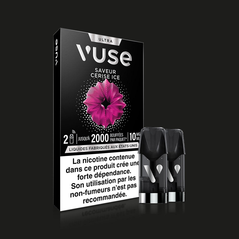 A black box of Vuse Ultra Saveur Cerise Ice features a pink flower graphic, two connected capsules in front, and a French nicotine warning at the bottom on a solid black background.