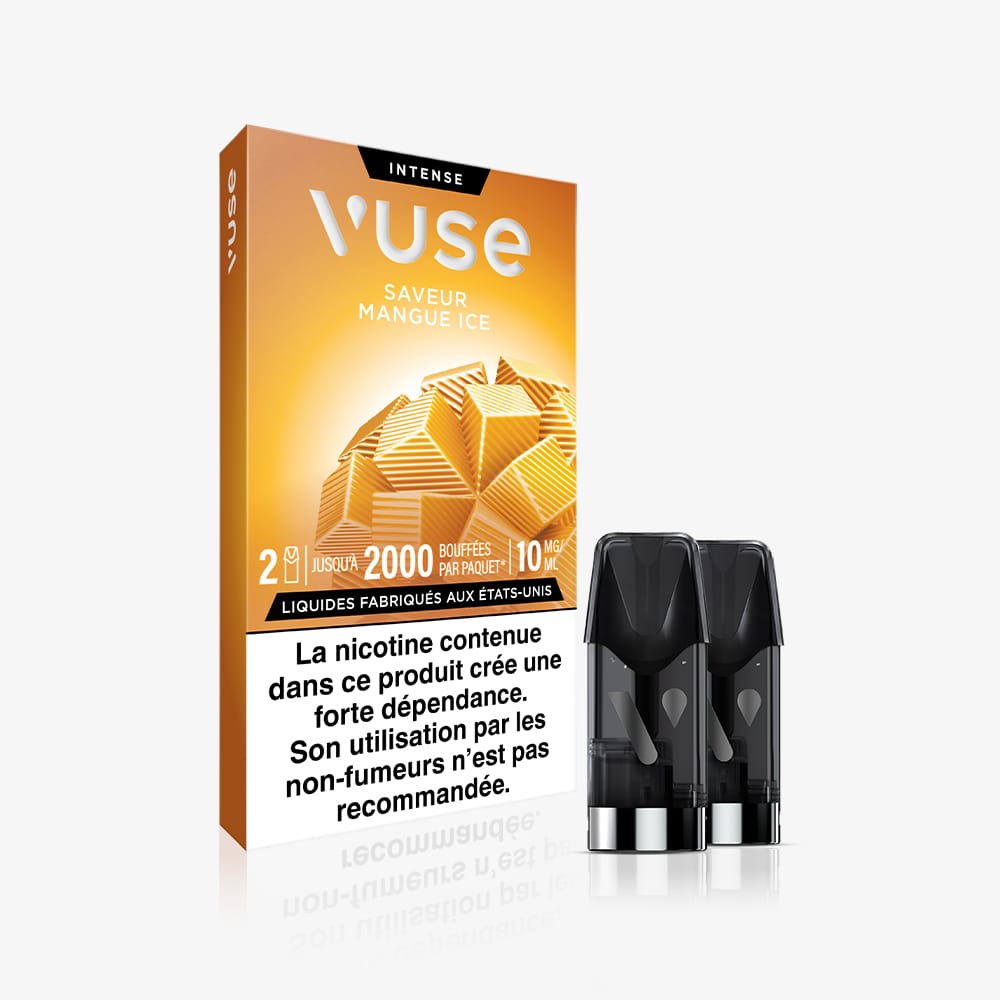 A box of Recharge Gamme Intense Saveur Mangue Ice vape pods with two pods in front. The orange packaging shows mango slices and features French text, including a nicotine warning at the bottom.