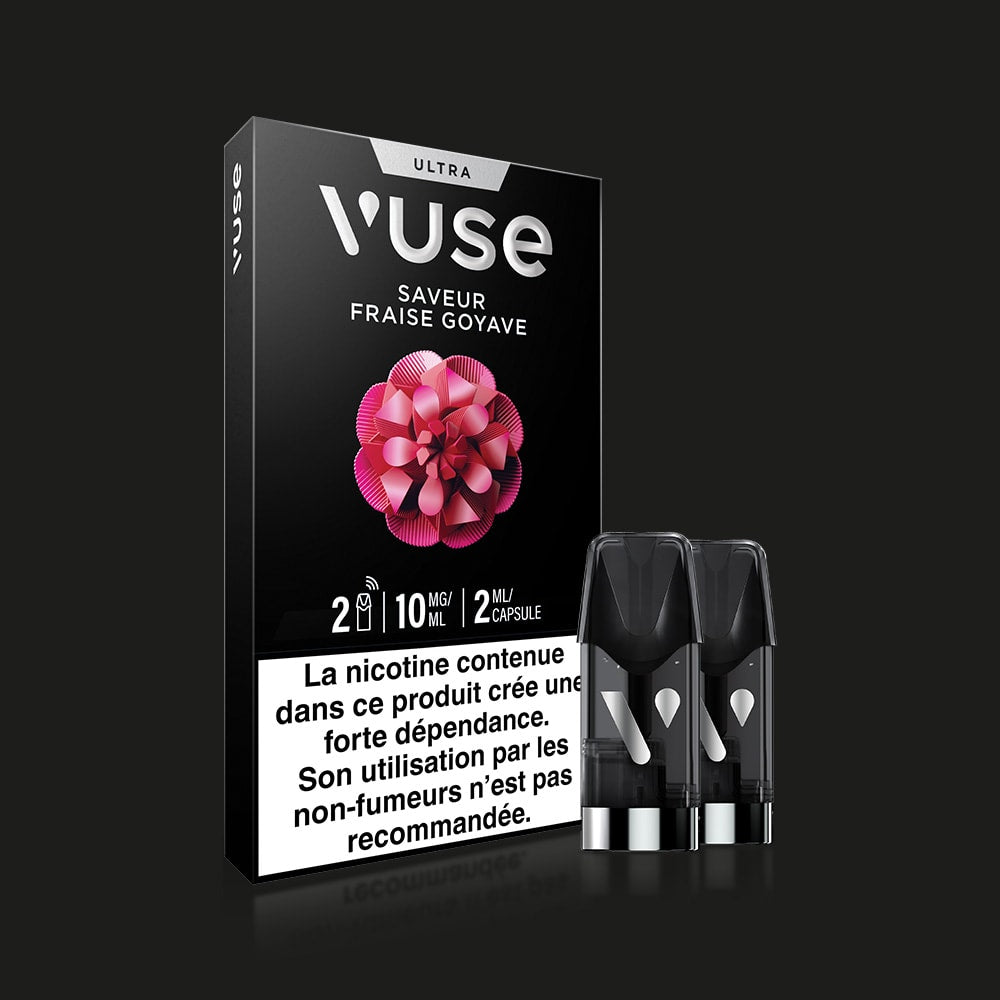 A Vuse Ultra Saveur Fraise Goyave pod pack with capsules connectées, showing two pods and a French nicotine warning, is displayed against a black background.