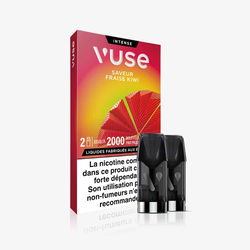 Recharge Gamme Intense Saveur Fraise Kiwi packaging displays a red and green box with two black pods in front, French text, and a nicotine warning label on the pack.
