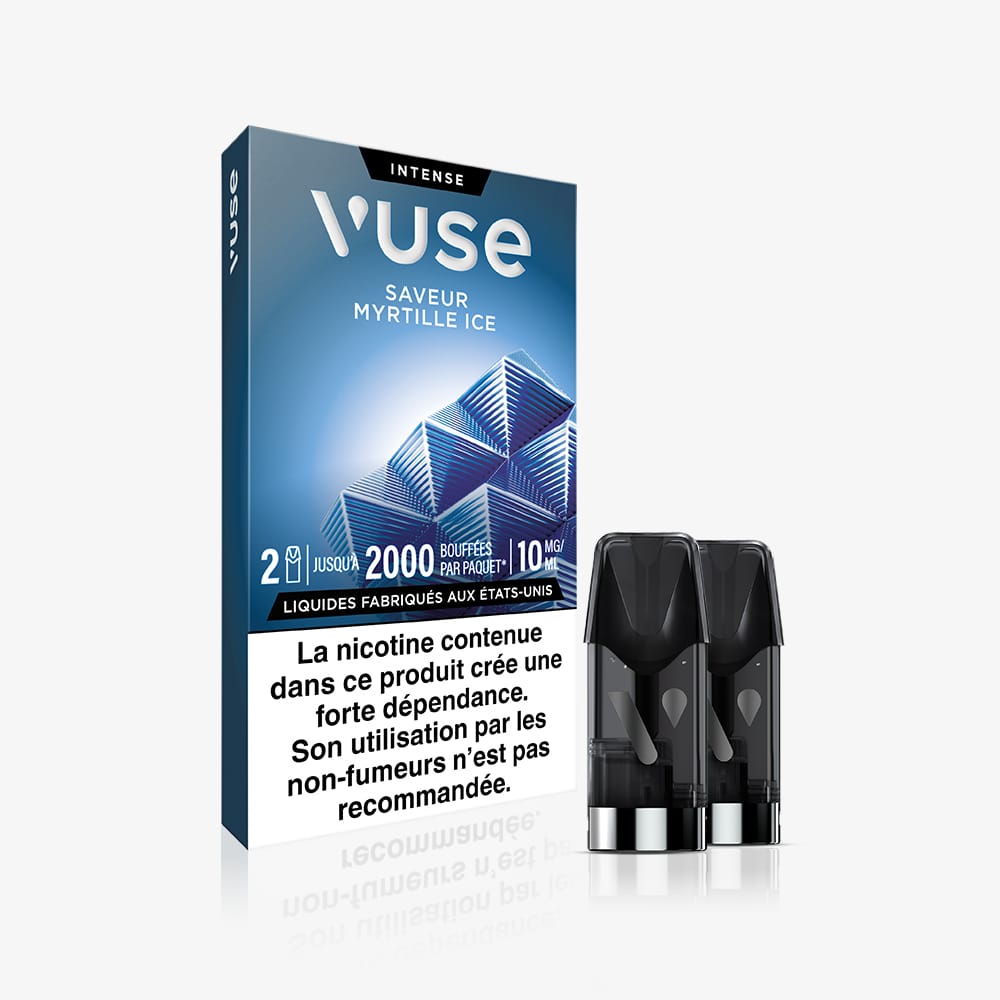 A blue Recharge Gamme Intense Saveur Myrtille Ice vape pod pack with geometric designs, two black capsules in front, and a French nicotine warning at the bottom.