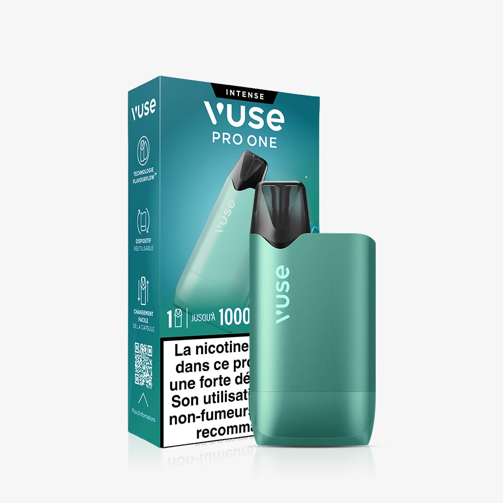 A Vuse Pro ONE Box Menthe Ice cigarette électronique in teal is displayed with its matching box, which shows product details and a French health warning about nicotine.
