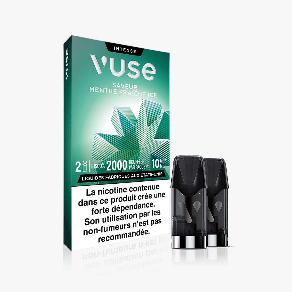 A green Recharge Standards Saveur Menthe Fraîche Ice pack with a stylized leaf design, two Menthe Fraîche capsules in front, and a French nicotine warning label at the bottom.