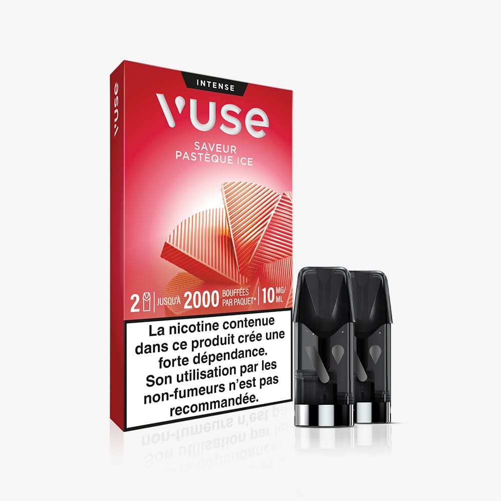 A red Recharge Gamme Intense Saveur Pastèque Ice pack with two pods, featuring watermelon slice graphics and a French nicotine warning at the bottom advising non-smokers not to use this flavour.