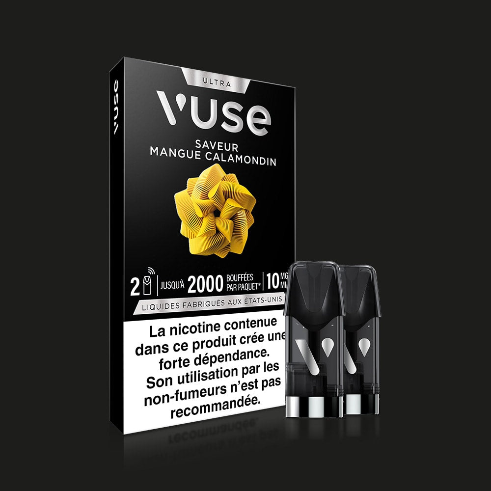 A Vuse Ultra Saveur Mangue Calamondin pod pack is displayed, with two connected pods in front of a black box featuring a yellow abstract design and a French nicotine warning at the bottom.