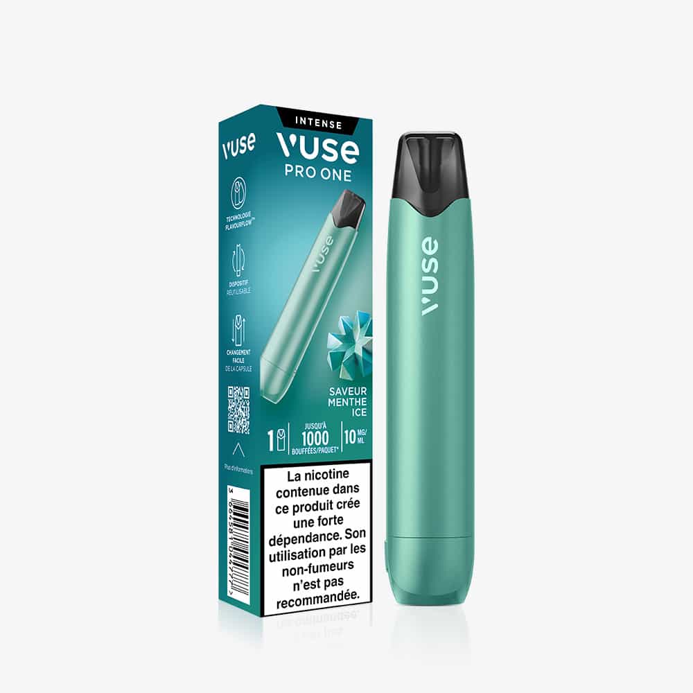 A Vuse Pro ONE Bar Menthe Ice in teal stands by its box, showing details like Menthe Ice flavor, 1000 puffs, 18 mg/mL nicotine, and a French health warning. Prêt-à-vaper convenience.