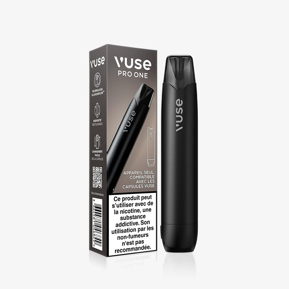 A black Pro One Bar Kit Simple cigarette électronique stands beside its matching box with French product info and warnings. The sleek, modern système fermé design offers both style and convenience.