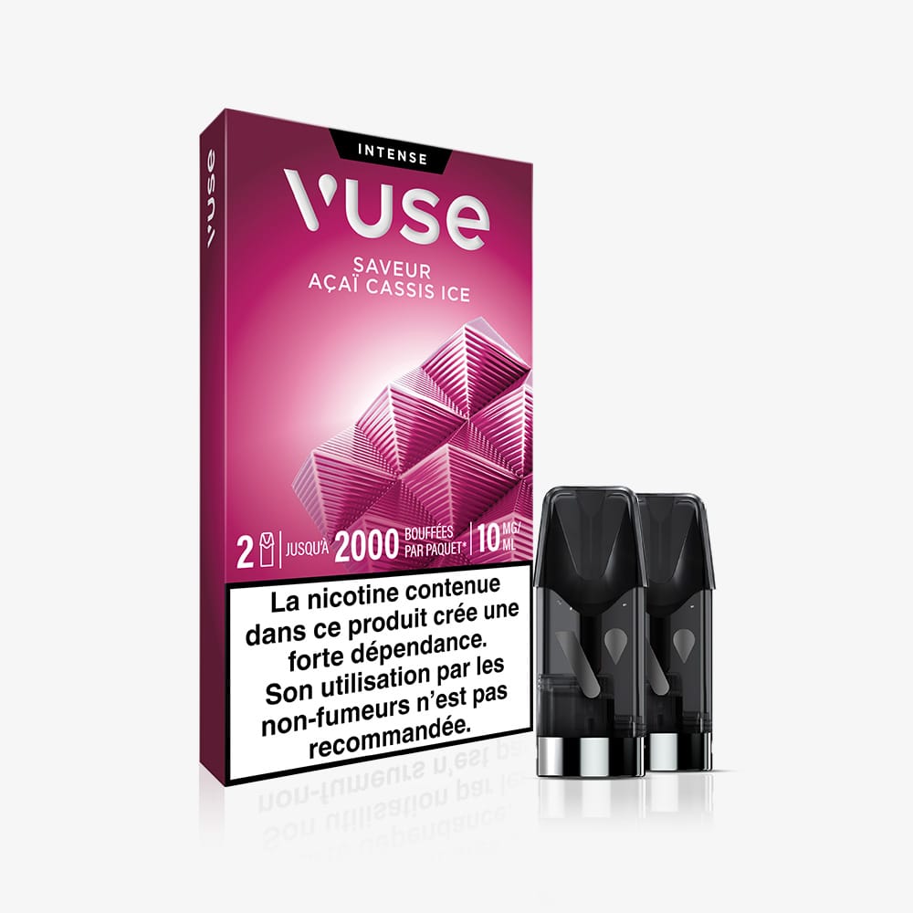 The Recharges Standard Saveur Açai Cassis Ice pack displays an abstract pink design, two pods in front, and a French nicotine warning stating strong addictiveness.