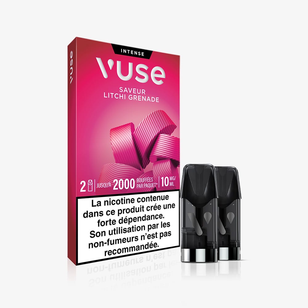A box of Recharges Standards Saveur Litchi Grenade e-cigarette pods with two pods in front. The pink packaging displays a French nicotine 10 mg warning label at the bottom.