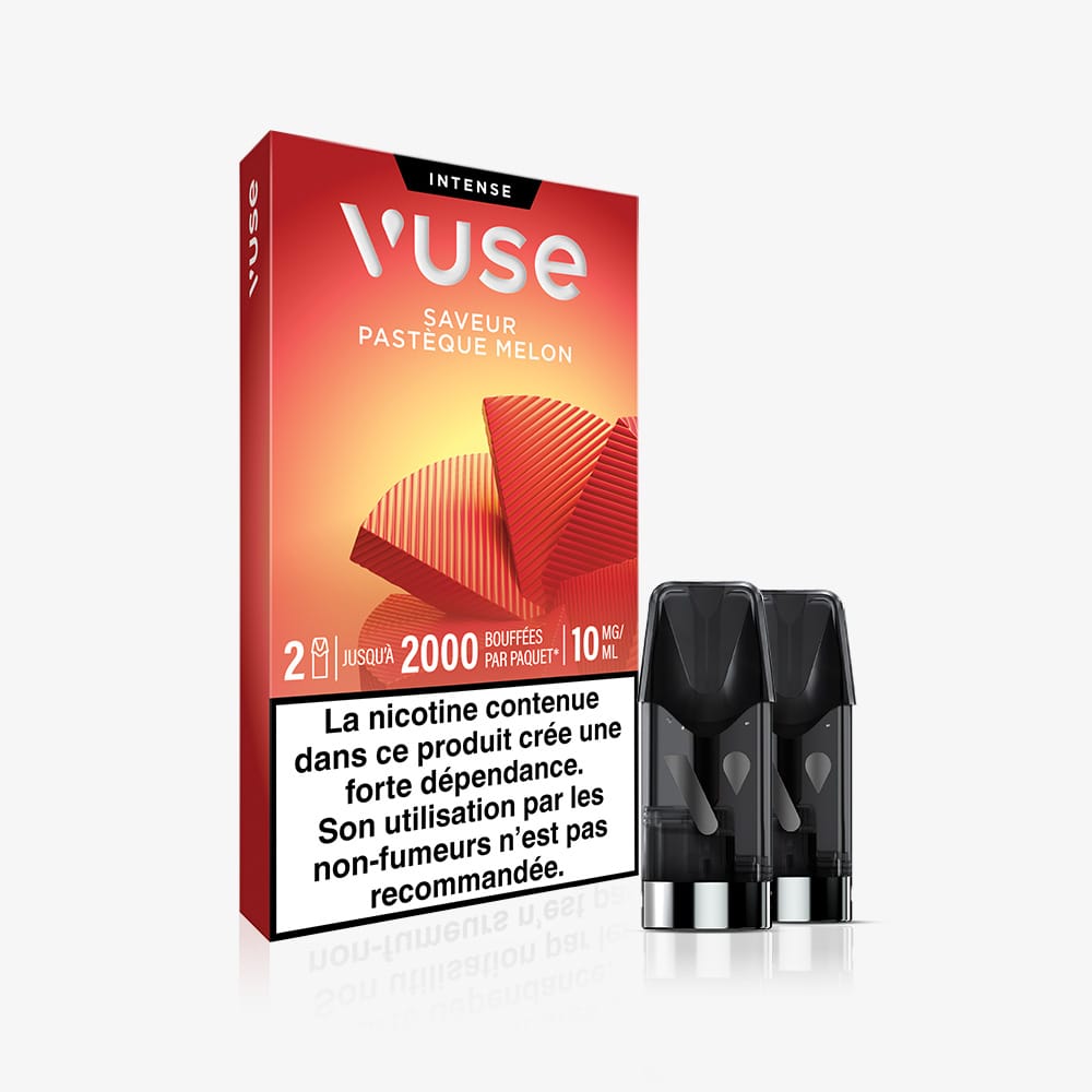 A box of Recharges Standard Saveur Pastèque Melon vape pods, nicotine 10 mg/ml, with two pods displayed. The red packaging includes a French warning about nicotine addiction.