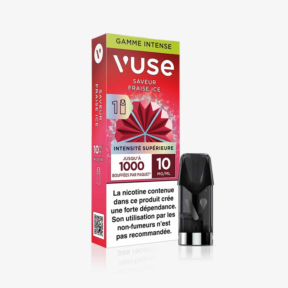 1 Pod Saveur Fraise Ice, emballage en français rouge et blanc avec des fraises illustrées, 10 mg/mL de nicotine et une capsule noire réutilisable à côté.