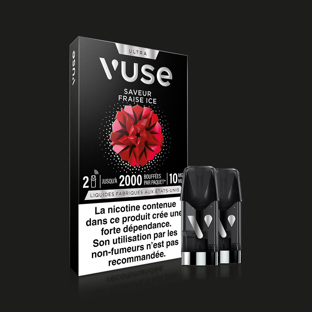 A black Vuse Ultra Saveur Fraise Ice box features a red geometric design and text for Strawberry Ice flavor. In front are two connectée capsules, with a French nicotine warning at the bottom.