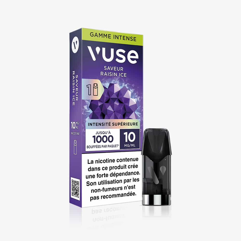 A 1 Pod Saveur Raisin Ice vape pack with 10mg/ml nicotine and up to 1000 puffs. The black capsule is next to the box, which features a front-facing nicotine warning.