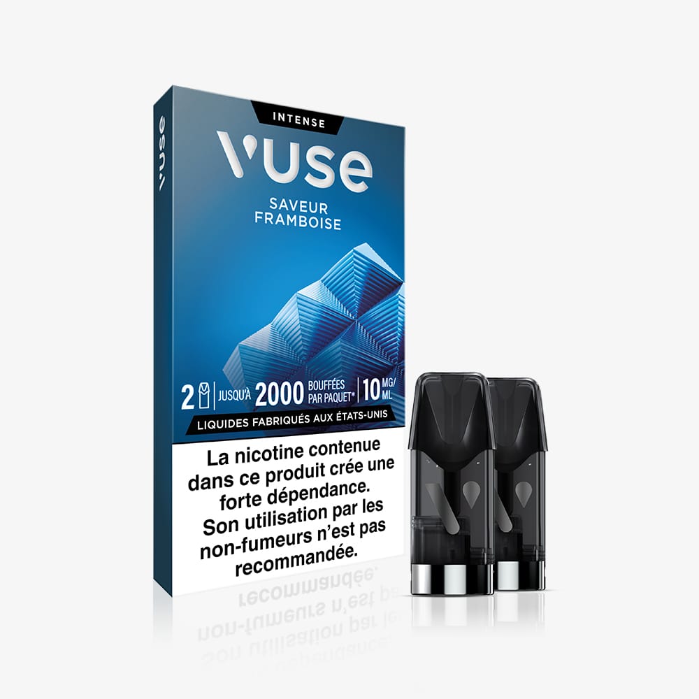 A box of Recharge Gamme Intense Saveur Framboise vape pods is next to a 2-capsule pack. The box displays “jusqu’à 2000 bouffées,” “10mg/ml,” and has a French nicotine addiction warning at the bottom.