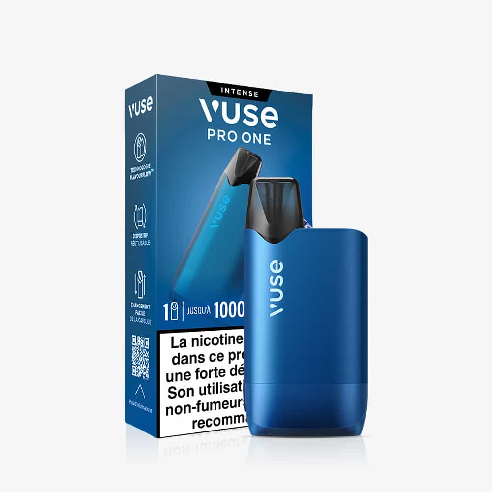 A Vuse Pro ONE Box Myrtille Ice cigarette électronique device in blue stands upright beside its matching packaging, displaying product branding and French text for a sleek, modern look.
