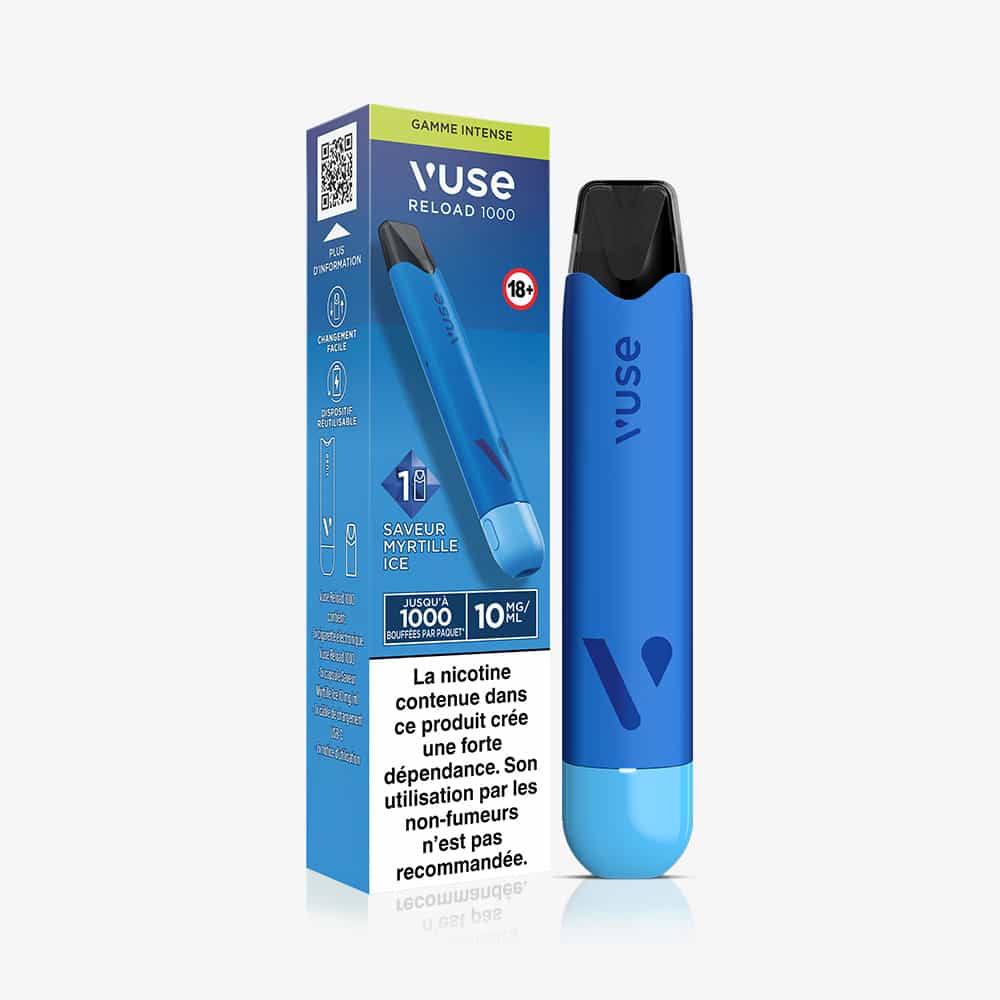 A Vuse Reload 1000 Bar Saveur Myrtille Ice disposable vape and packaging, with 10 mg/mL nicotine, French labeling, health warnings, and information on its rechargeable convenience.