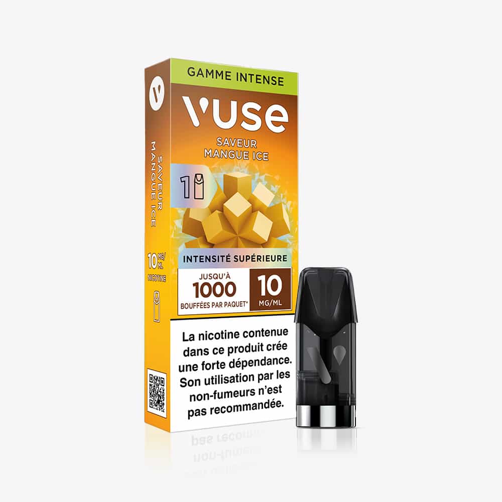 Un paquet de 1 Pod Saveur Mangue Ice, illustré avec des cubes de mangue et de la glace, affiche 10 mg/ml de nicotine, jusqu'à 1000 bouffées, un avertissement sanitaire en français et une capsule visible à l’avant.