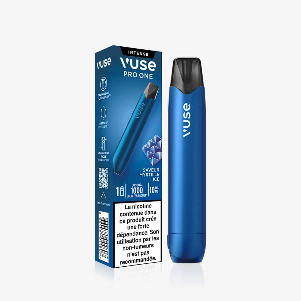 A blue Vuse Pro ONE Bar Myrtille Ice e-cigarette stands beside its box labeled "Intense" and "Saveur Myrtille Ice," with French nicotine warnings on the kit prêt-à-vaper packaging.